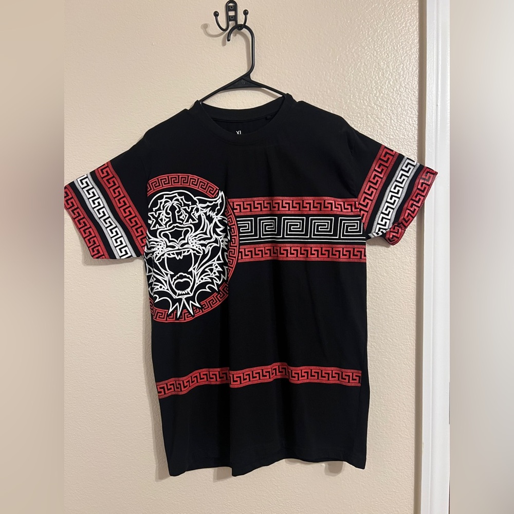 Black T-Shirt with Red and White Greek Key Design